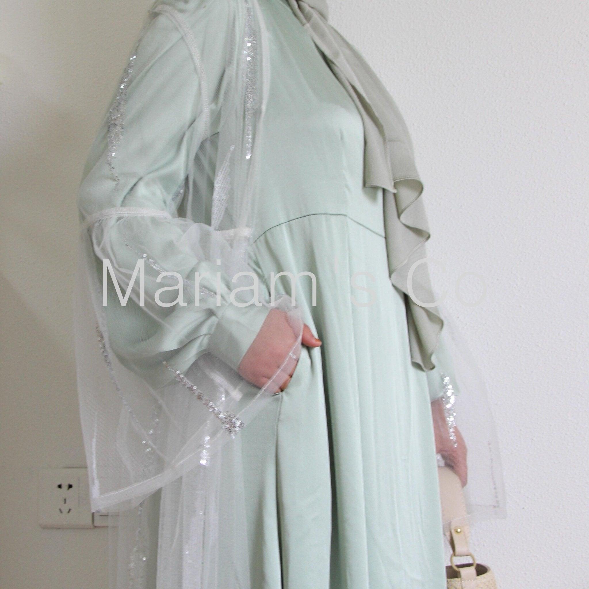MA025 Sequins Satin 2 Pieces Pocket Abaya Set - Mariam's Collection