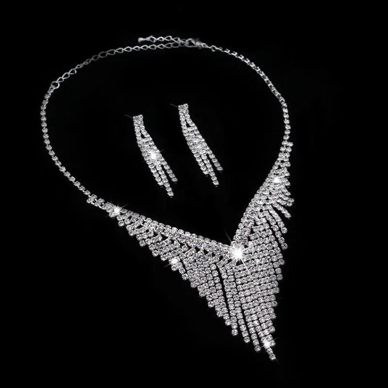 MAC047 Rhinestone Crystal angle Earring Fringe Chain Necklaces Sets - Mariam's Collection