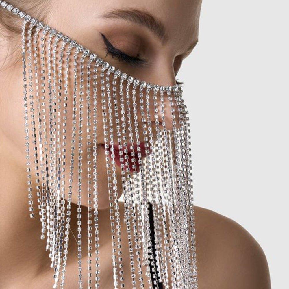 MAC117 Long Fringed Rhinestone Chain Veil Mask - Mariam's Collection