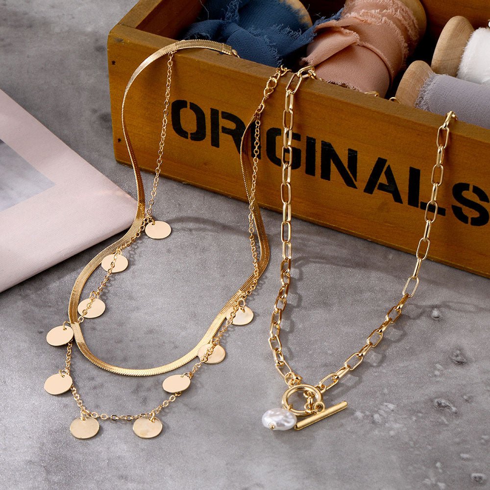 MAC209 Multi - layer pendant OT lock buckle pearl pendant retro personalized necklace - Mariam's Collection