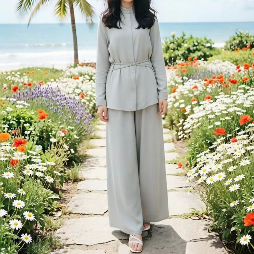 Wide-leg trouser detail with elasticated waistband on breathable two-piece modest set