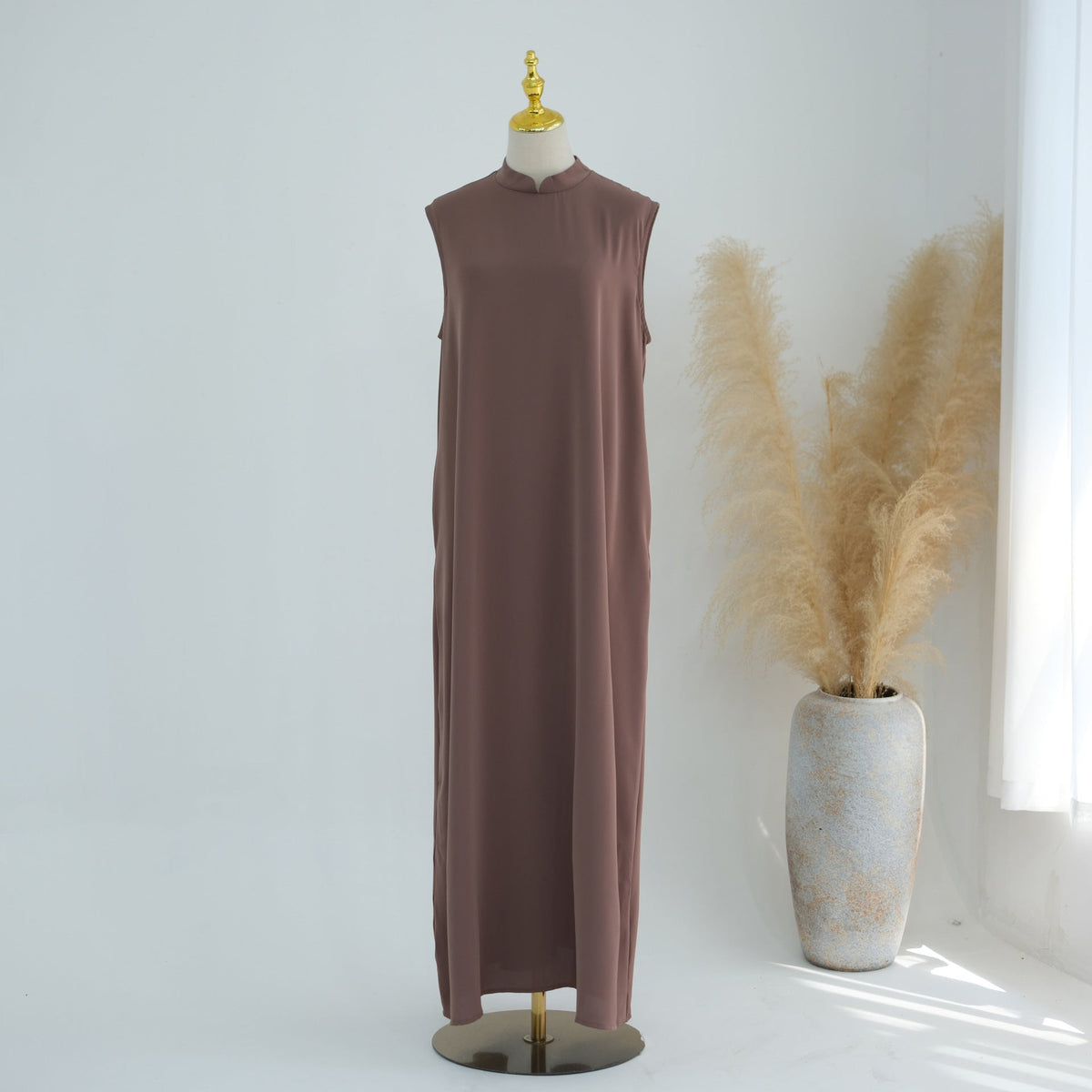 Mandarin-Collar Nida Inner Maxi Dress | Sleeveless Belted Layering Dress(MS569) - Mariam's Collection