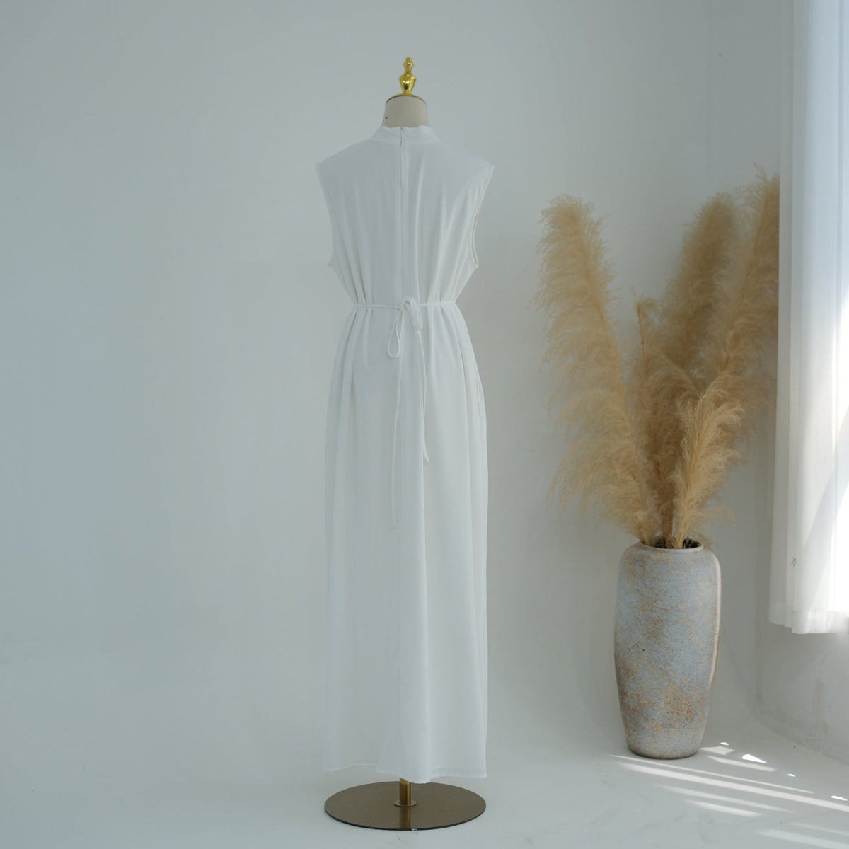 Mandarin-Collar Nida Inner Maxi Dress | Sleeveless Belted Layering Dress(MS569) - Mariam's Collection