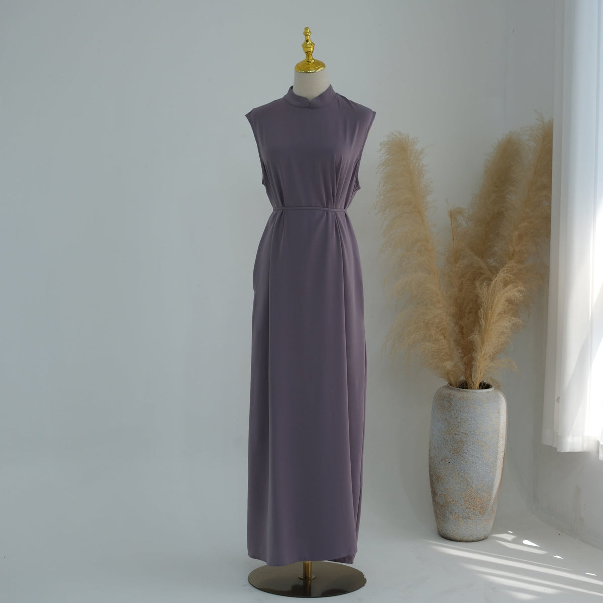 Mandarin-Collar Nida Inner Maxi Dress | Sleeveless Belted Layering Dress(MS569) - Mariam's Collection