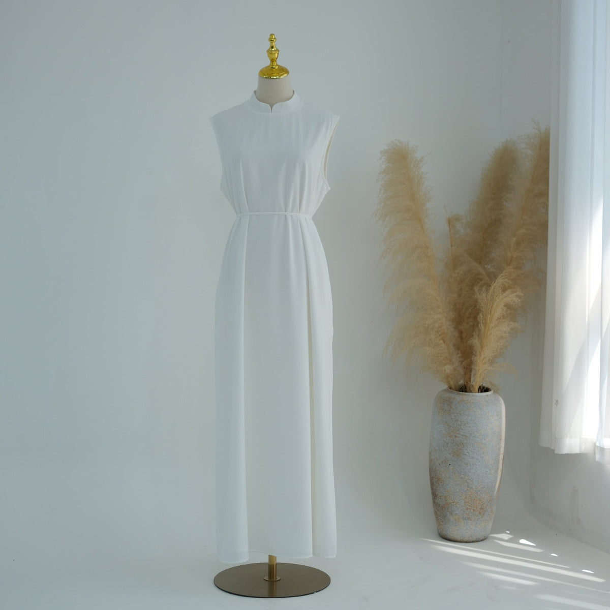 Mandarin-Collar Nida Inner Maxi Dress | Sleeveless Belted Layering Dress(MS569) - Mariam's Collection