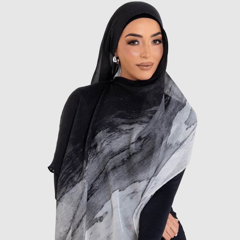 Marble Print Chiffon Hijab | Black & White Tie-Dye(MH227) - Mariam's Collection