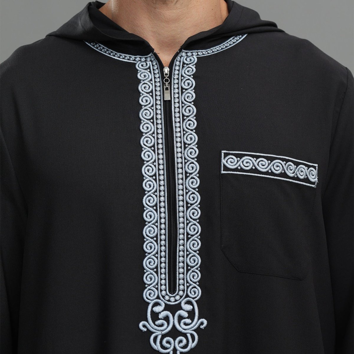 Men's Hooded Embroidered Thobe with Pockets (MT037) - Mariam's Collection