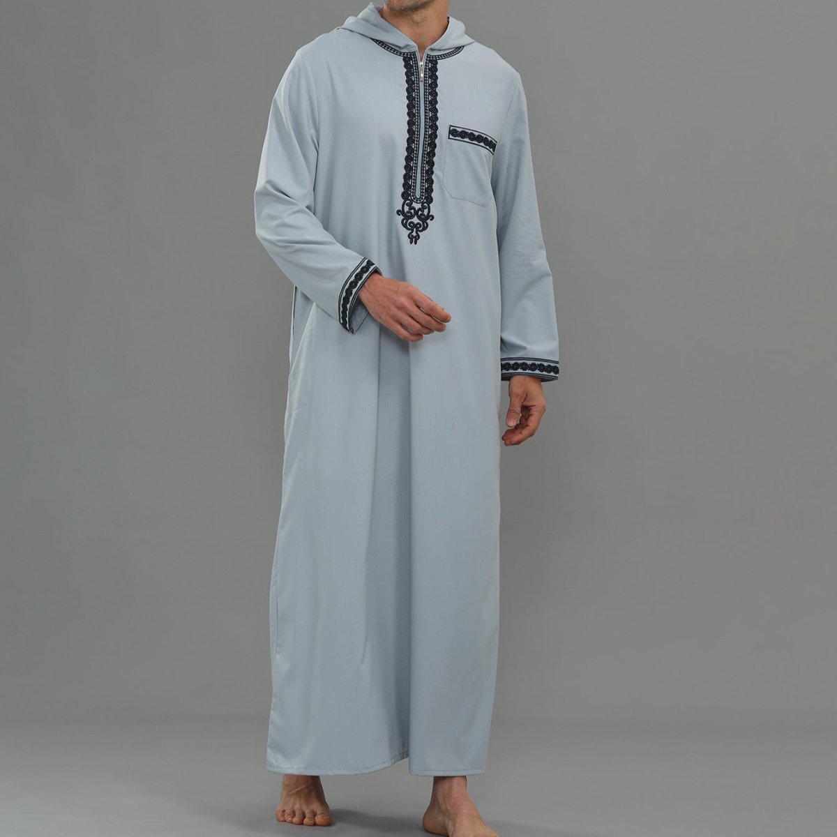 Men's Hooded Embroidered Thobe with Pockets (MT037) - Mariam's Collection