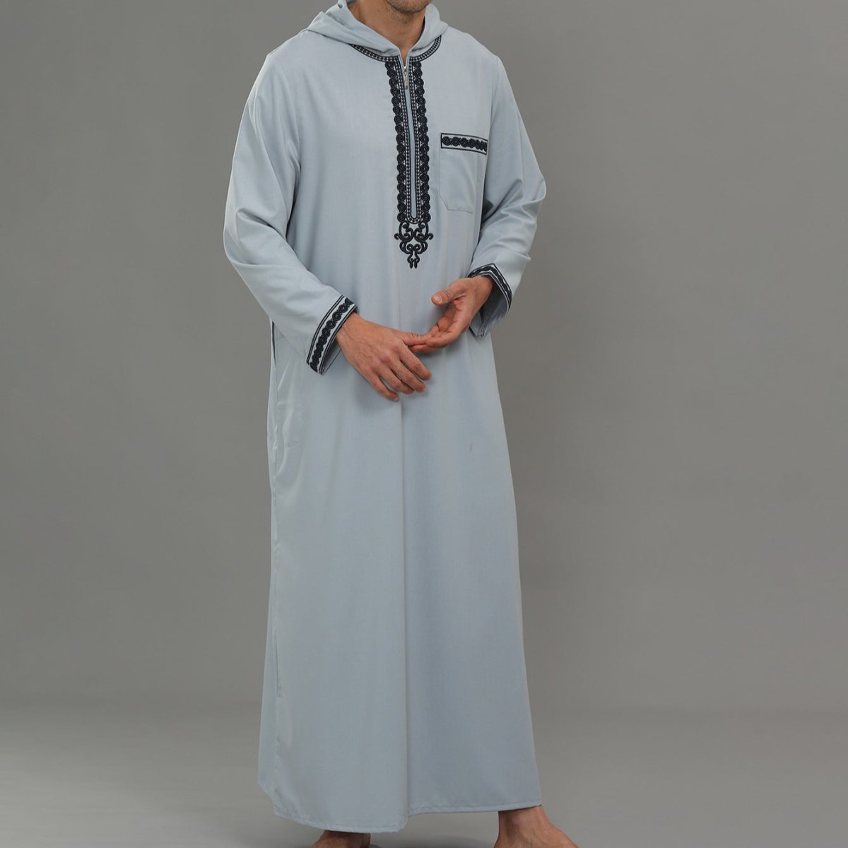 Men's Hooded Embroidered Thobe with Pockets (MT037) - Mariam's Collection