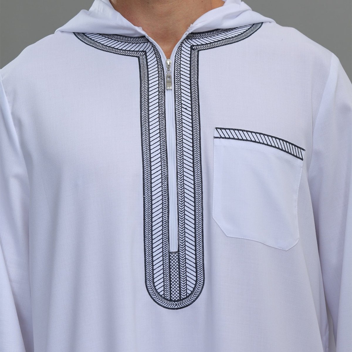 Men's Hooded Embroidered Thobe with Pockets (MT037) - Mariam's Collection