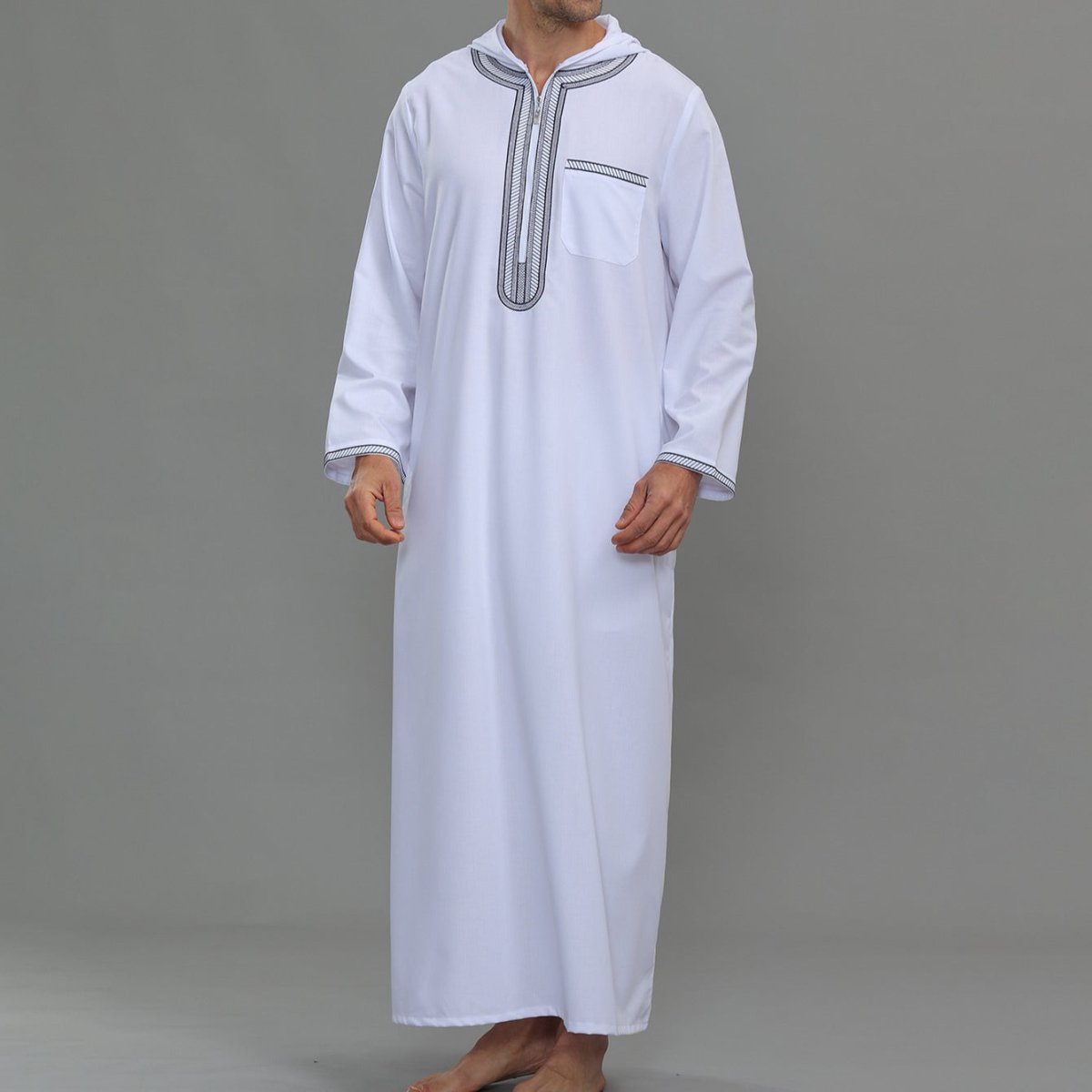 Men's Hooded Embroidered Thobe with Pockets (MT037) - Mariam's Collection