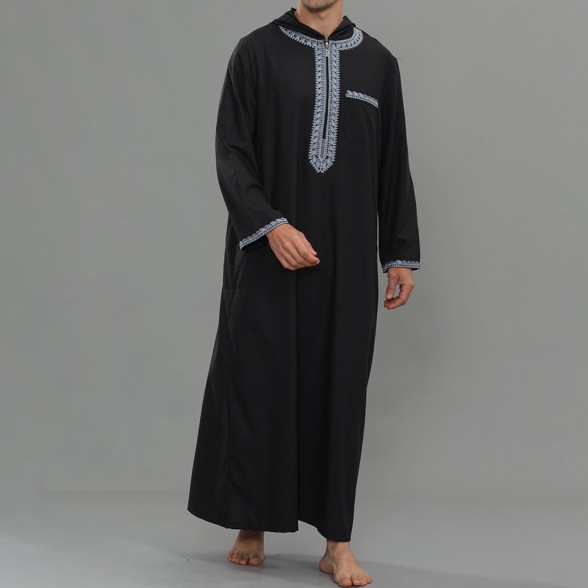 Men's Hooded Embroidered Thobe with Pockets (MT037) - Mariam's Collection