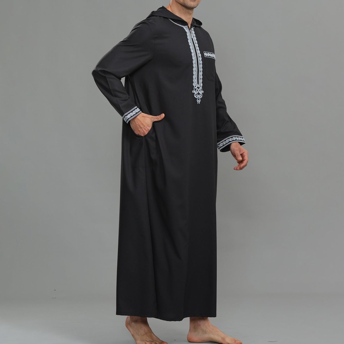 Men's Hooded Embroidered Thobe with Pockets (MT037) - Mariam's Collection