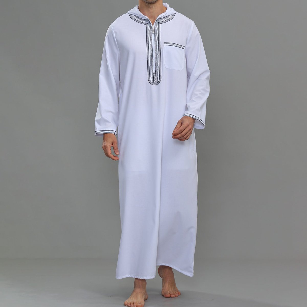 Men's Hooded Embroidered Thobe with Pockets (MT037) - Mariam's Collection