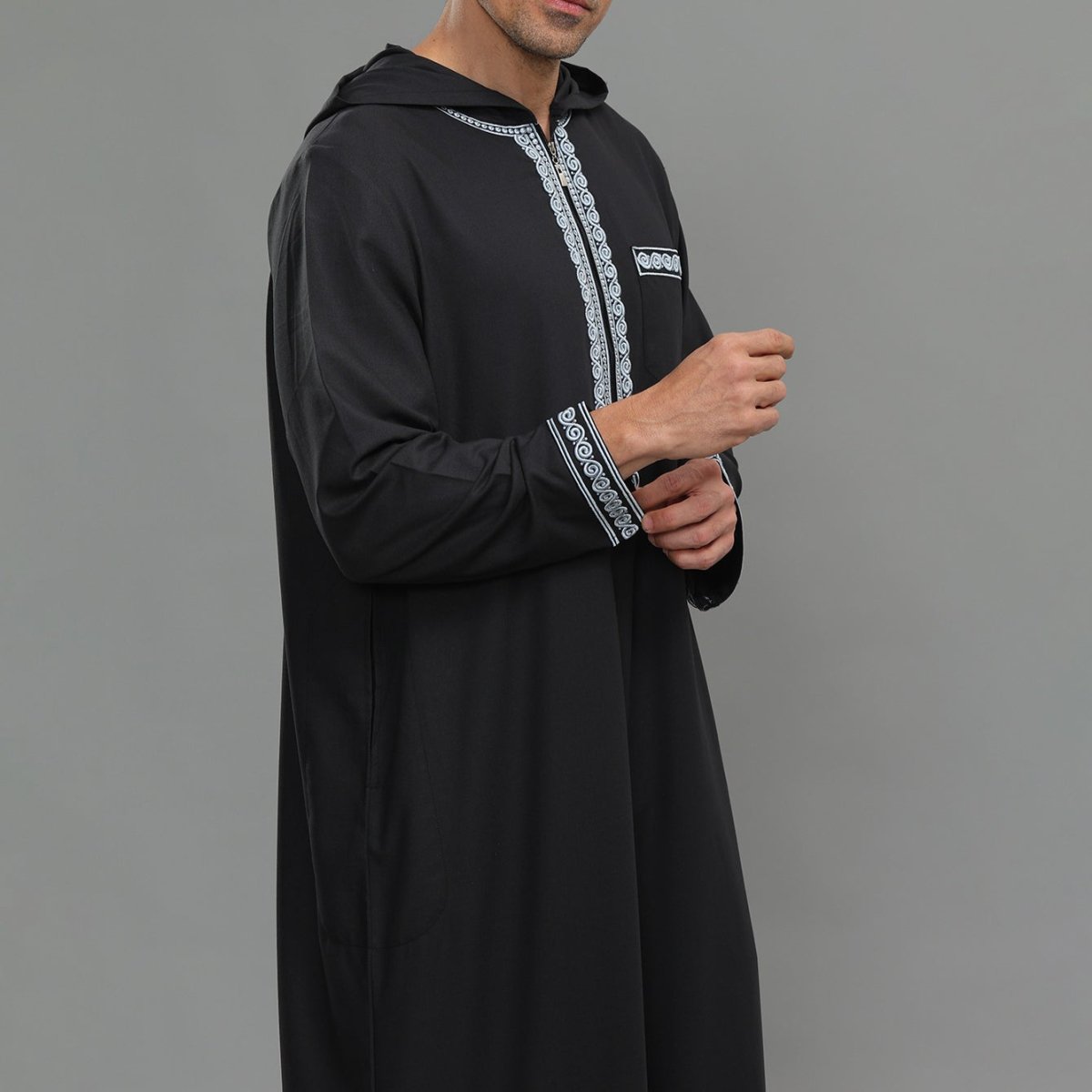 Men's Hooded Embroidered Thobe with Pockets (MT037) - Mariam's Collection