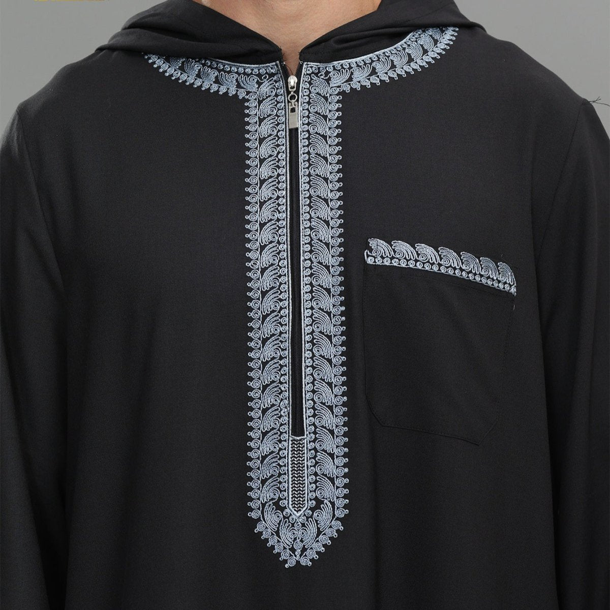 Men's Hooded Embroidered Thobe with Pockets (MT037) - Mariam's Collection