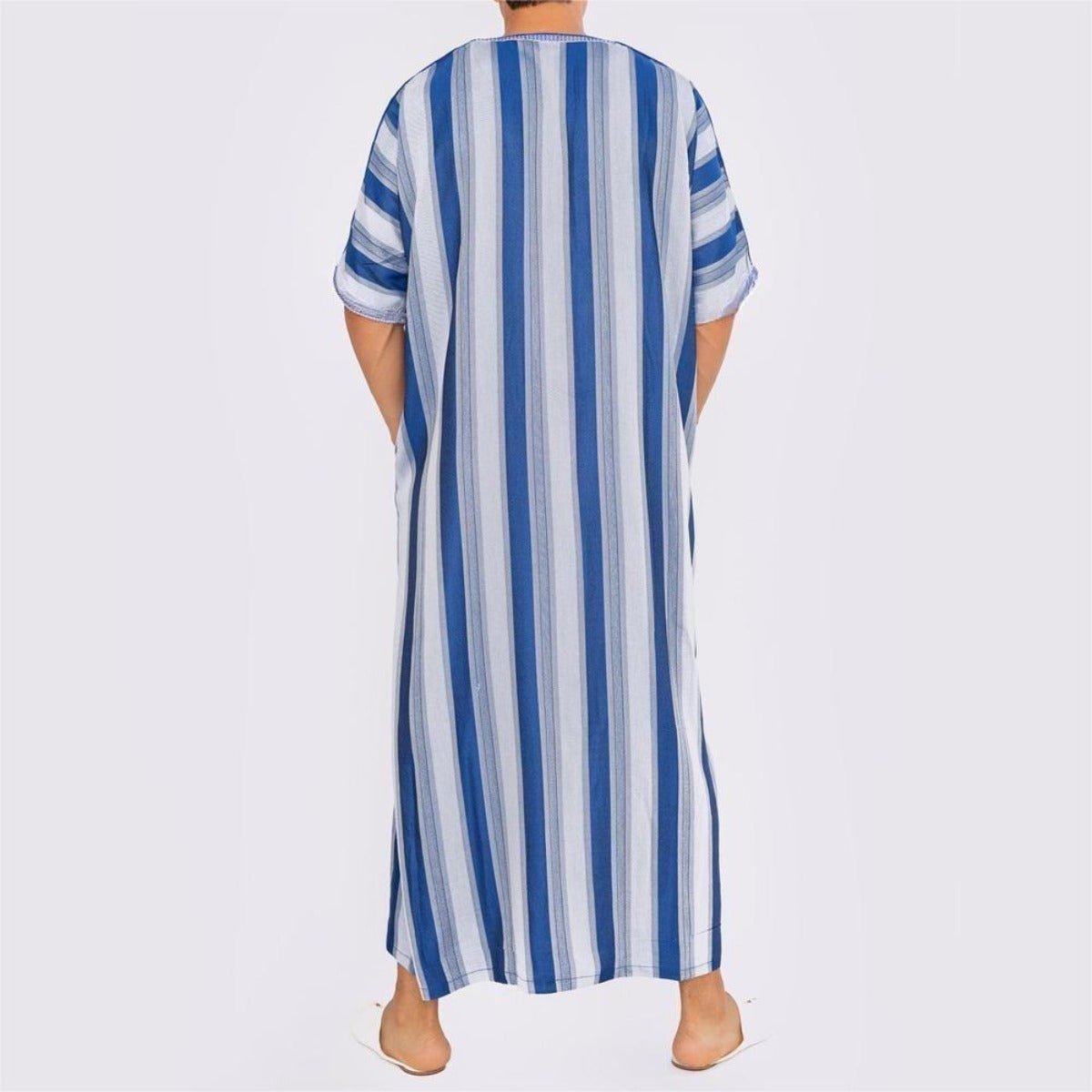 Men's Short Sleeve Breathable Blue & White Striped Thobe Long Robe with V - Neck & Modest Fit. (MT031) - Mariam's Collection