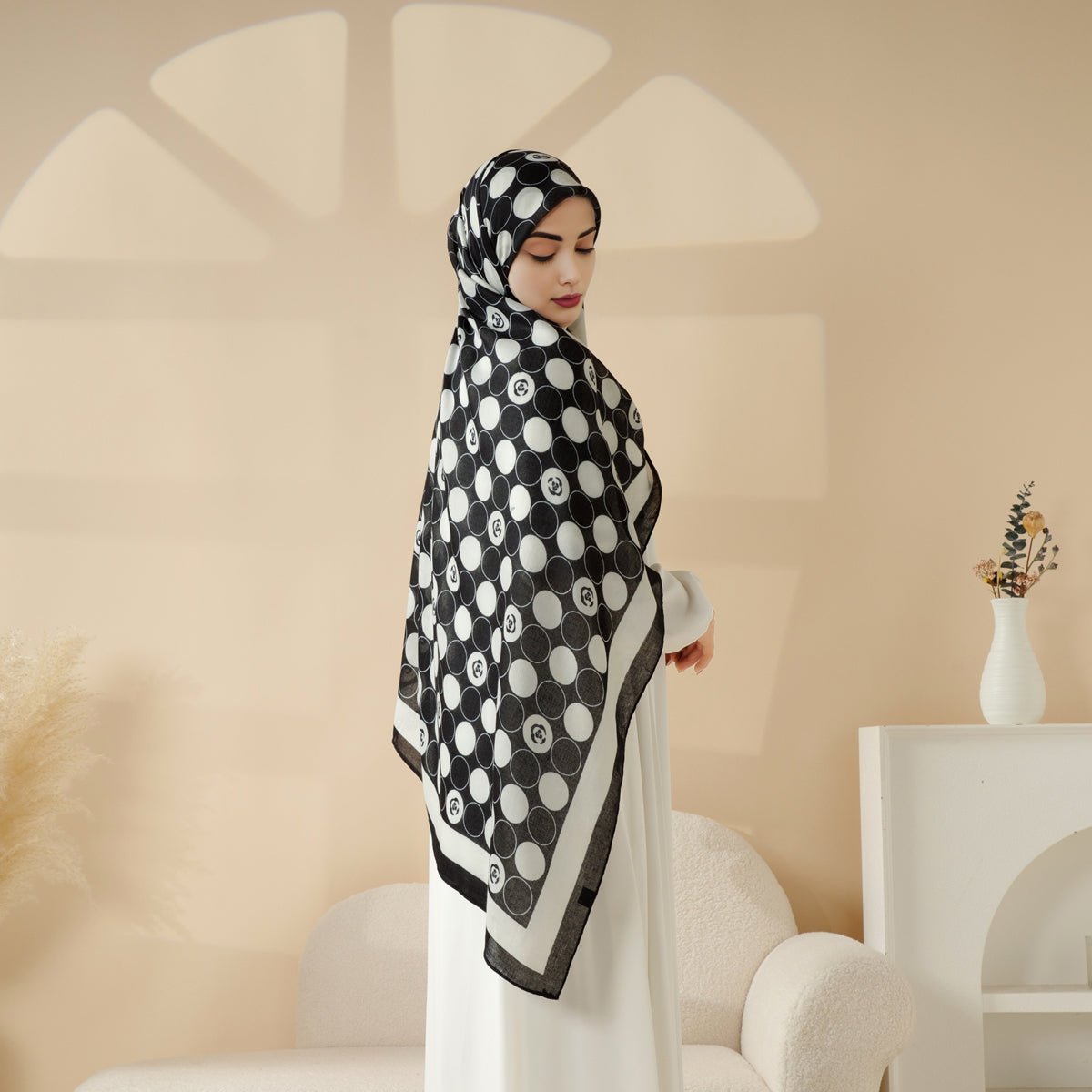 MH095 Printed Colorblock Geometric and Natural Floral Pattern Cotton and Linen Blend Shawl - Mariam's Collection