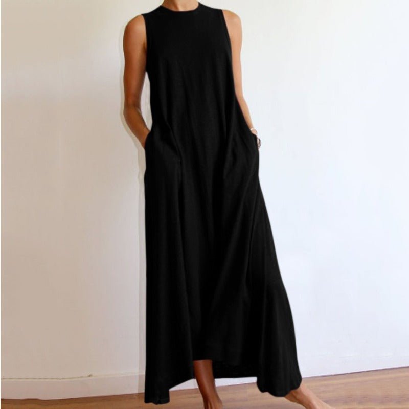 Sleeveless Silk Maxi Dress with Pockets | A-Line Silk Maxi Dress With No Sleeves