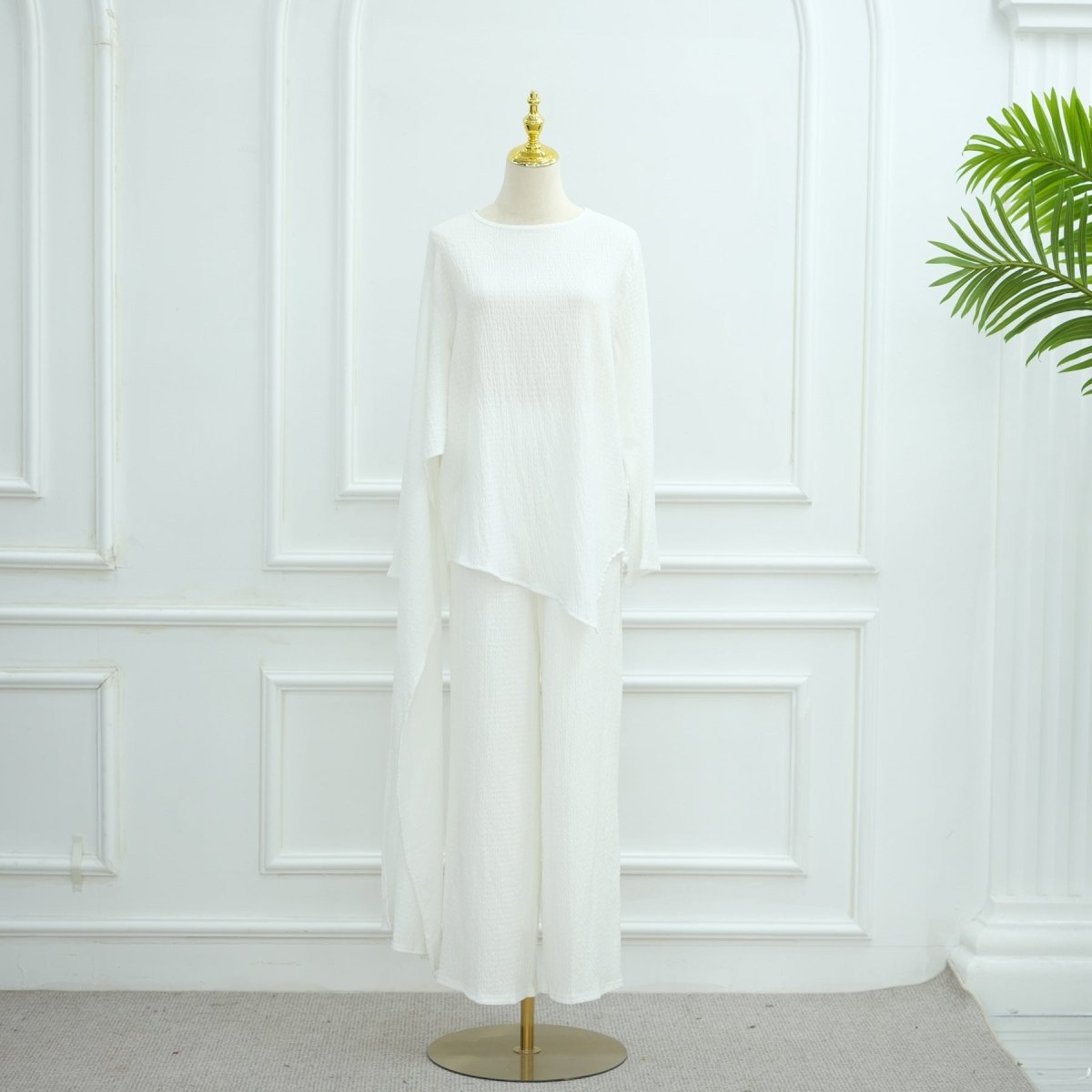 Minimalist Luxury Modest Lounge Two - Piece Set | Asymmetrical Cardigan & Wide - Leg Pants. (MS093) - Mariam's Collection