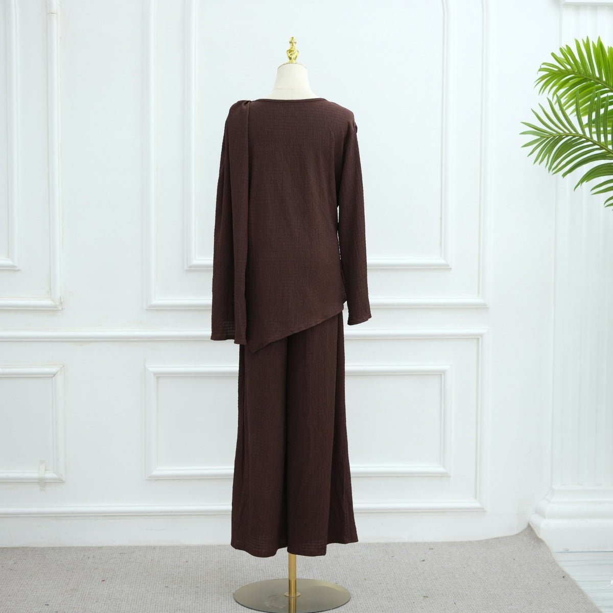 Minimalist Luxury Modest Lounge Two - Piece Set | Asymmetrical Cardigan & Wide - Leg Pants. (MS093) - Mariam's Collection