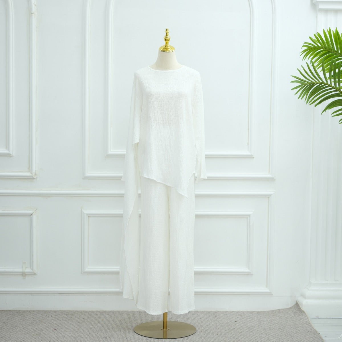 Minimalist Luxury Modest Lounge Two - Piece Set | Asymmetrical Cardigan & Wide - Leg Pants. (MS093) - Mariam's Collection