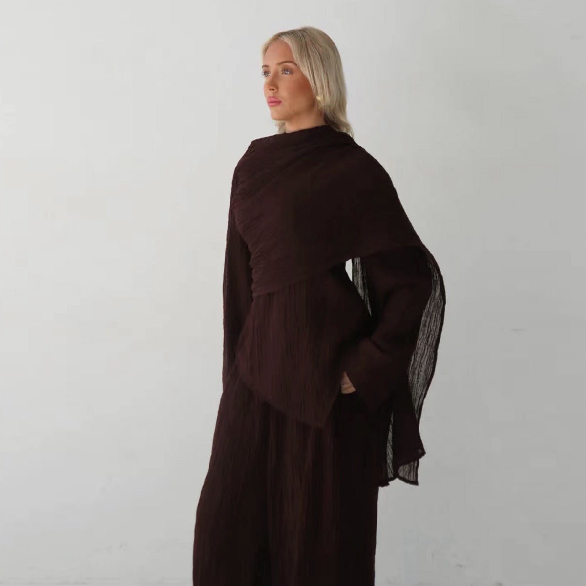 Minimalist Luxury Modest Lounge Two - Piece Set | Asymmetrical Cardigan & Wide - Leg Pants. (MS093) - Mariam's Collection