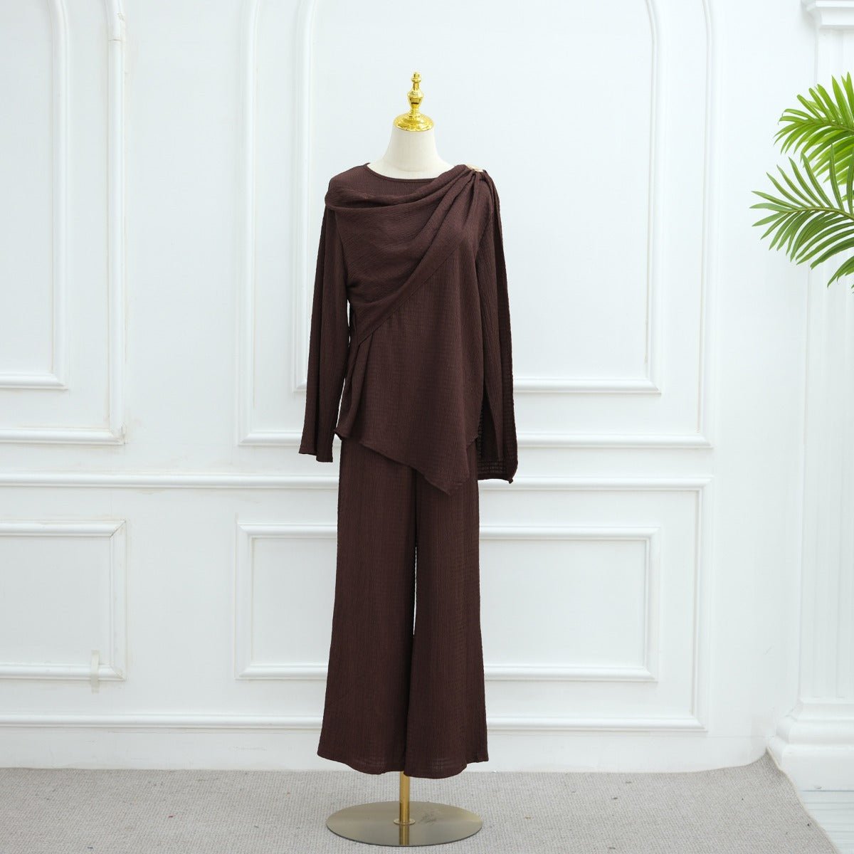 Minimalist Luxury Modest Lounge Two - Piece Set | Asymmetrical Cardigan & Wide - Leg Pants. (MS093) - Mariam's Collection