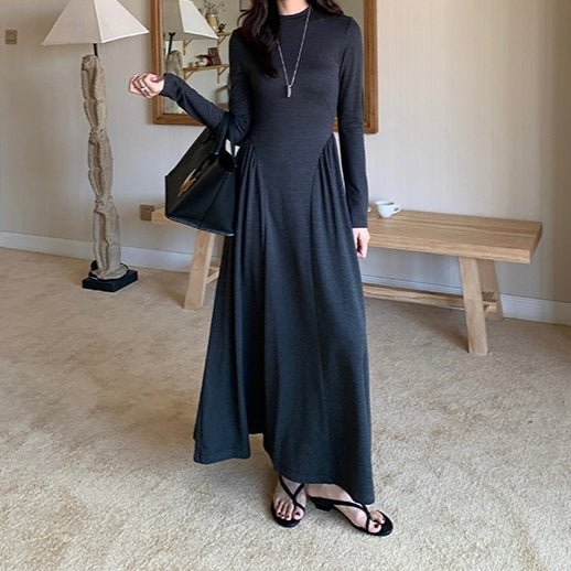 Minimalist Mock Neck Knit Maxi Dress | Relaxed Fit Base Layer Dress(MA336) - Mariam's Collection