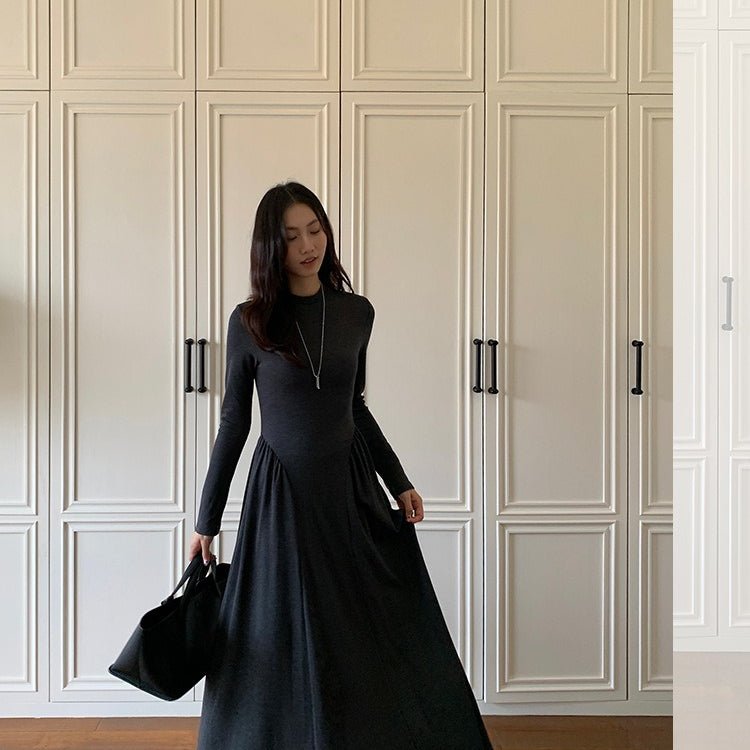 Minimalist Mock Neck Knit Maxi Dress | Relaxed Fit Base Layer Dress(MA336) - Mariam's Collection