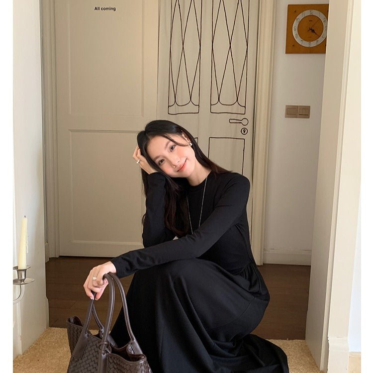 Minimalist Mock Neck Knit Maxi Dress | Relaxed Fit Base Layer Dress(MA336) - Mariam's Collection