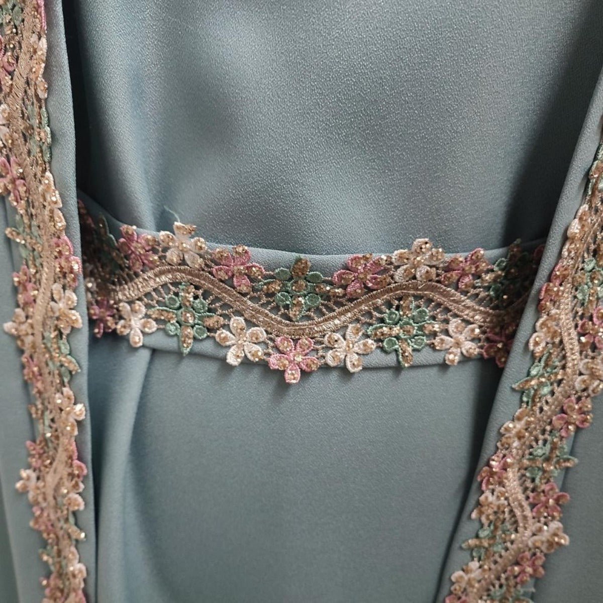 Mint Gold Bell Sleeve Abaya & Robe | Formal Muslim Luxury Two - Piece. (MOA177) - Mariam's Collection