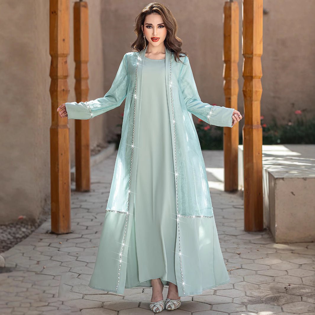 Mint Green Two - Piece Cardigan Dress Diamond - Embellished Cover - Up & Maxi Dress. (MOA151) - Mariam's Collection