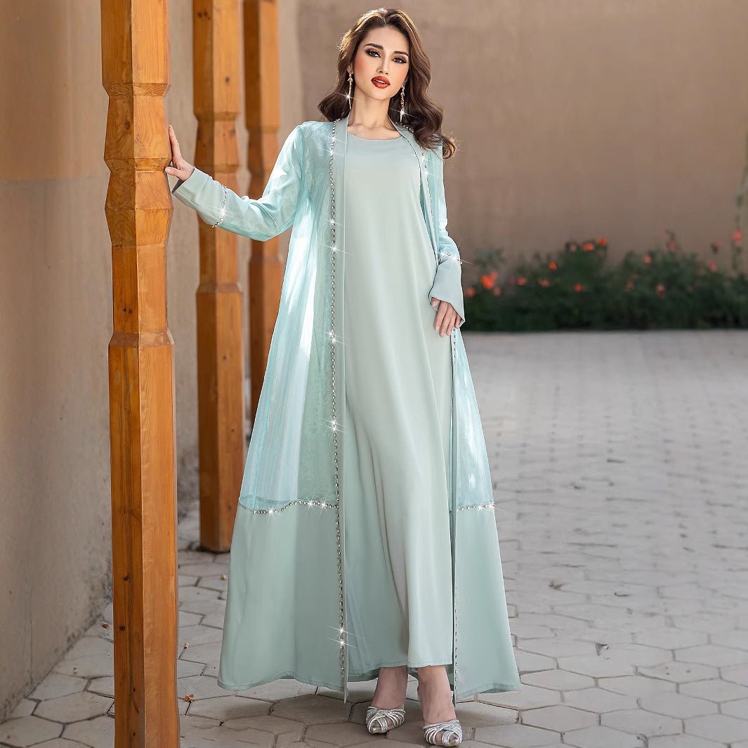 Mint Green Two - Piece Cardigan Dress Diamond - Embellished Cover - Up & Maxi Dress. (MOA151) - Mariam's Collection