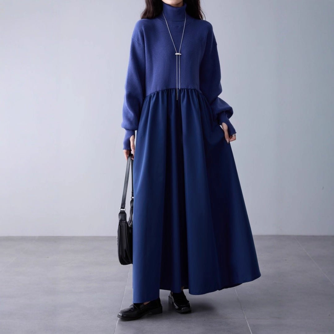 Mixed Media Sweater Dress | Turtleneck Knit & Woven Maxi Dress(MS236) - Mariam's Collection