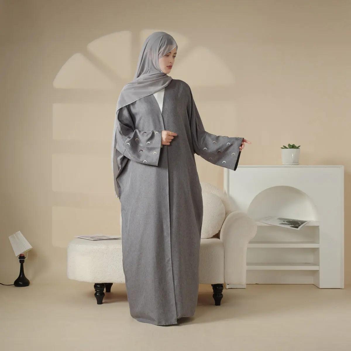 MOA029 Moon Embroidery Open Abaya with Hijab 2-Piece Set - Mariam's Collection