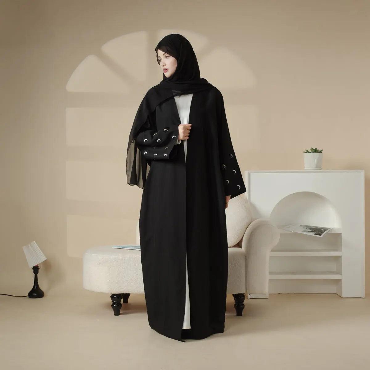 MOA029 Moon Embroidery Open Abaya with Hijab 2-Piece Set - Mariam's Collection
