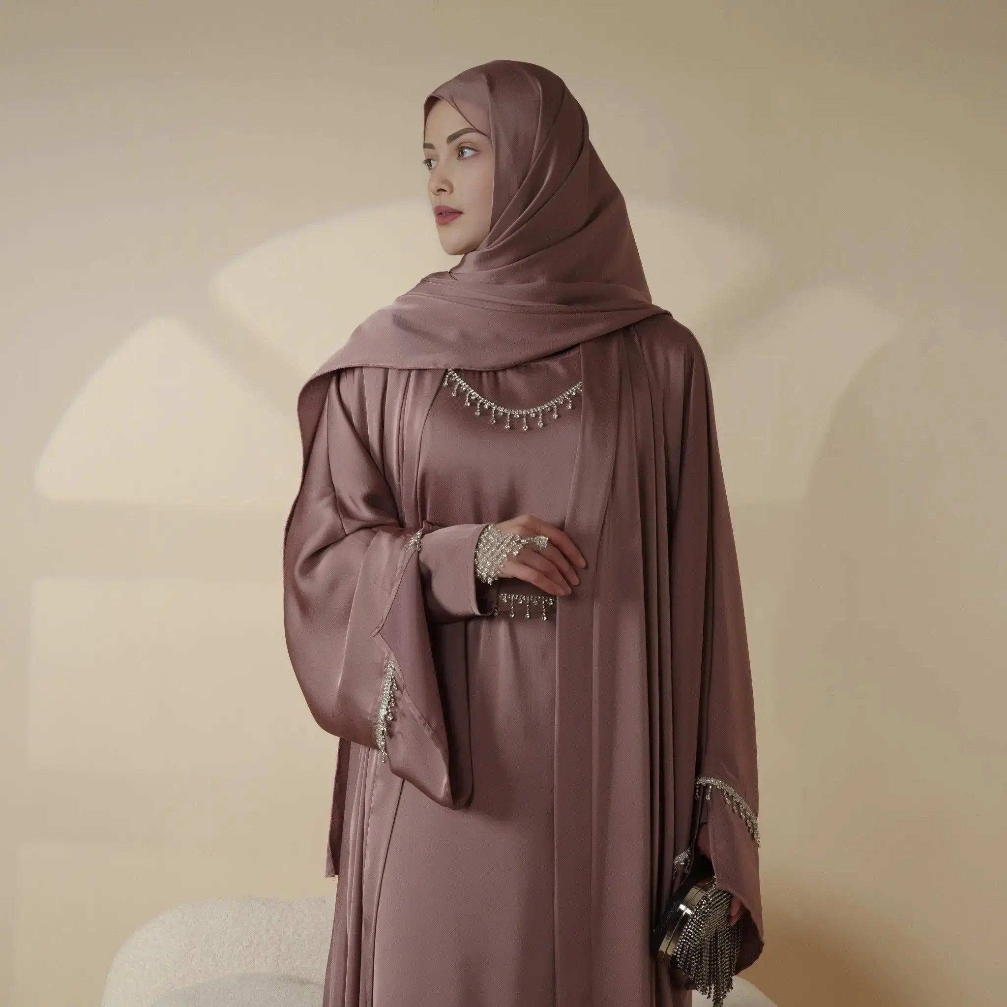 Luxury satin abaya with diamond tassels belt, 6-Piece Set (MOA041)