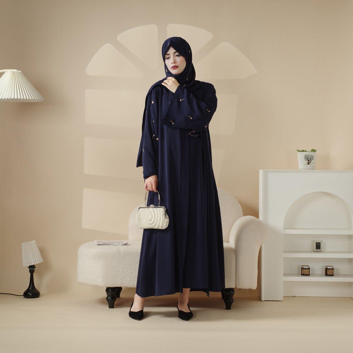 MOA051 Tulip Embroidery Open Abaya 4 - Piece Set - Mariam's Collection
