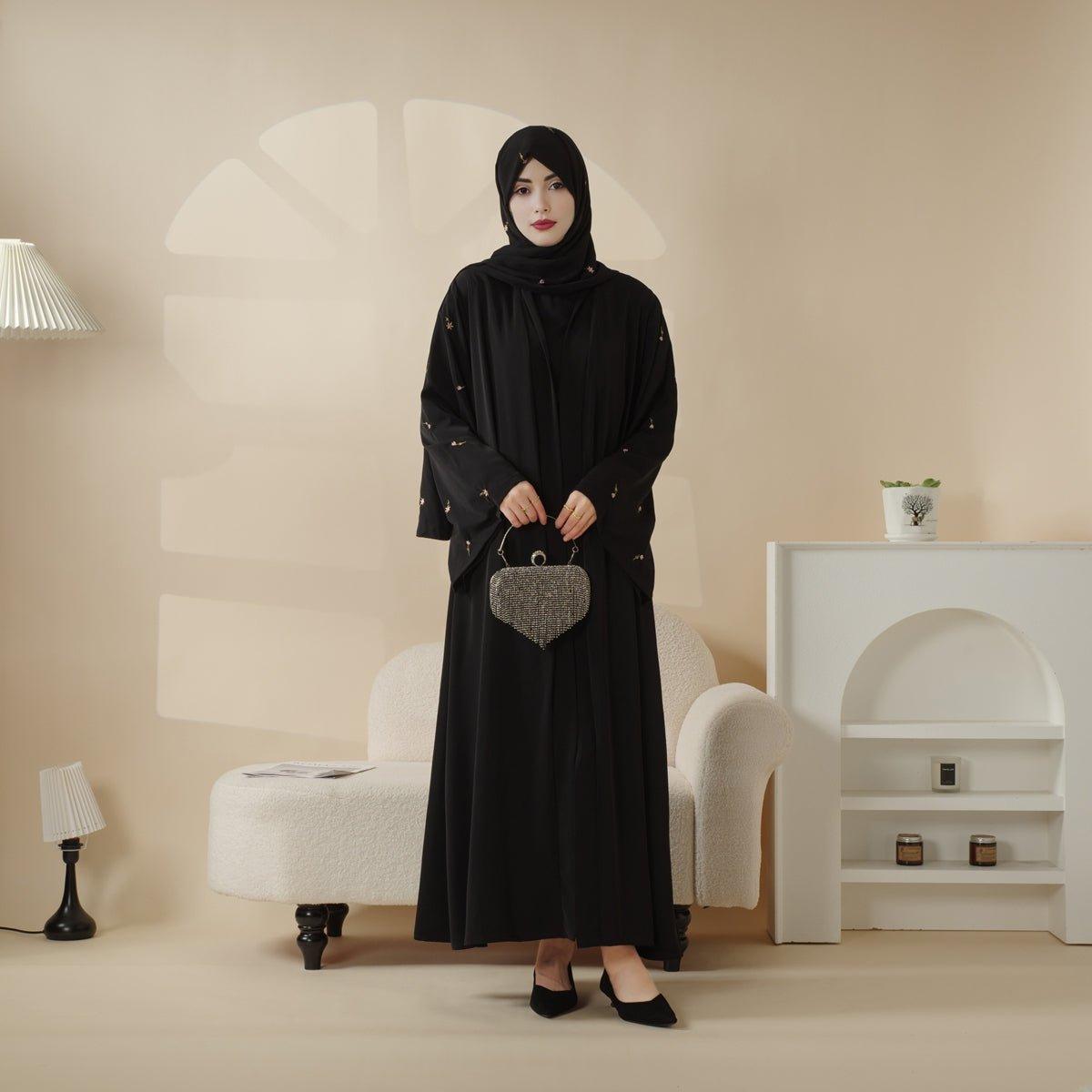 MOA051 Tulip Embroidery Open Abaya 4 - Piece Set - Mariam's Collection