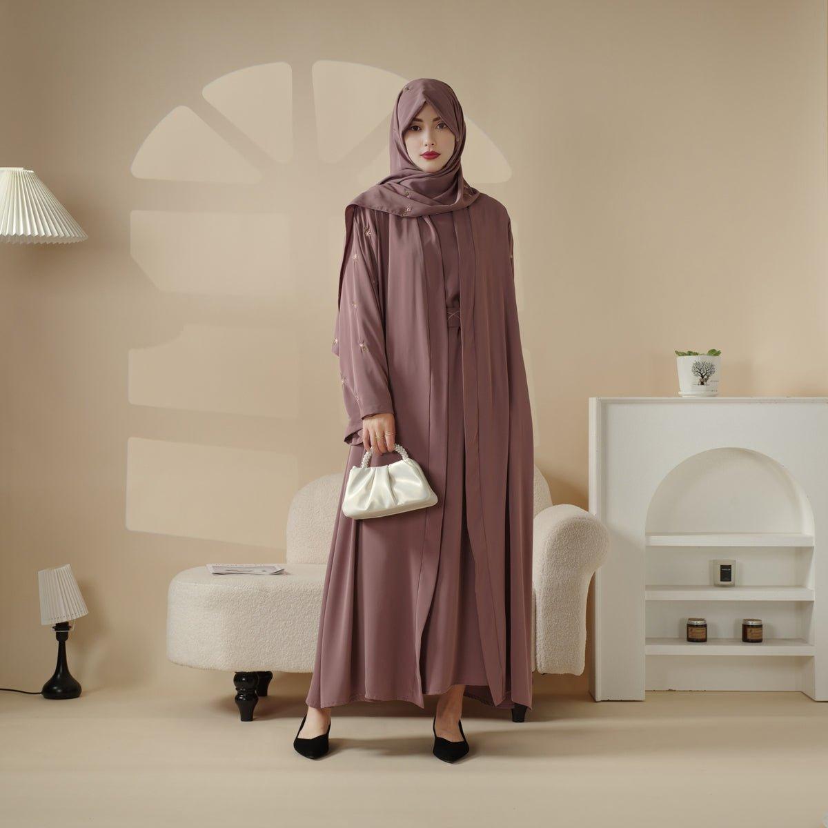 MOA051 Tulip Embroidery Open Abaya 4 - Piece Set - Mariam's Collection
