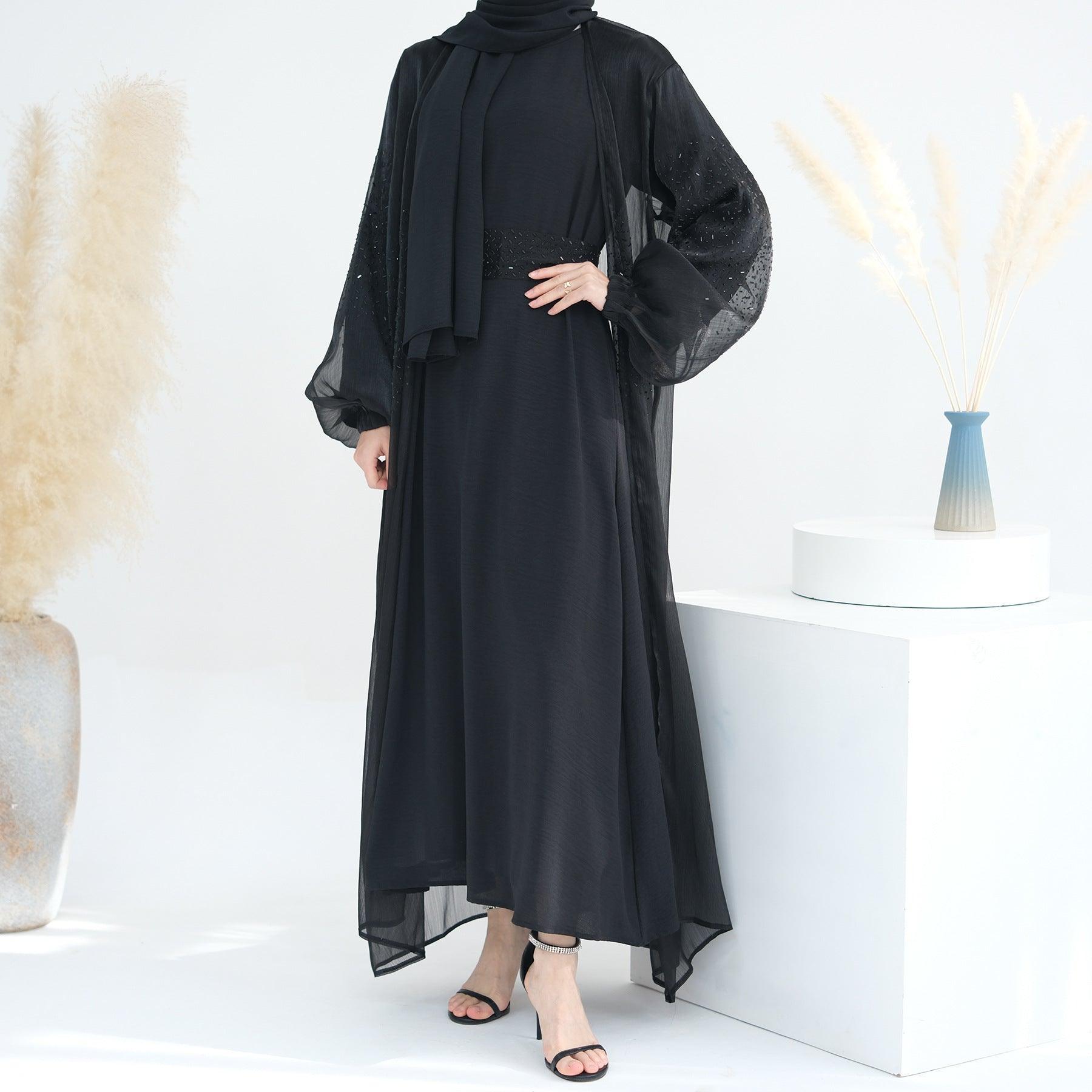 MOA057 Wave Bubble Sleeve Abaya 4-Piece Set - Mariam's Collection