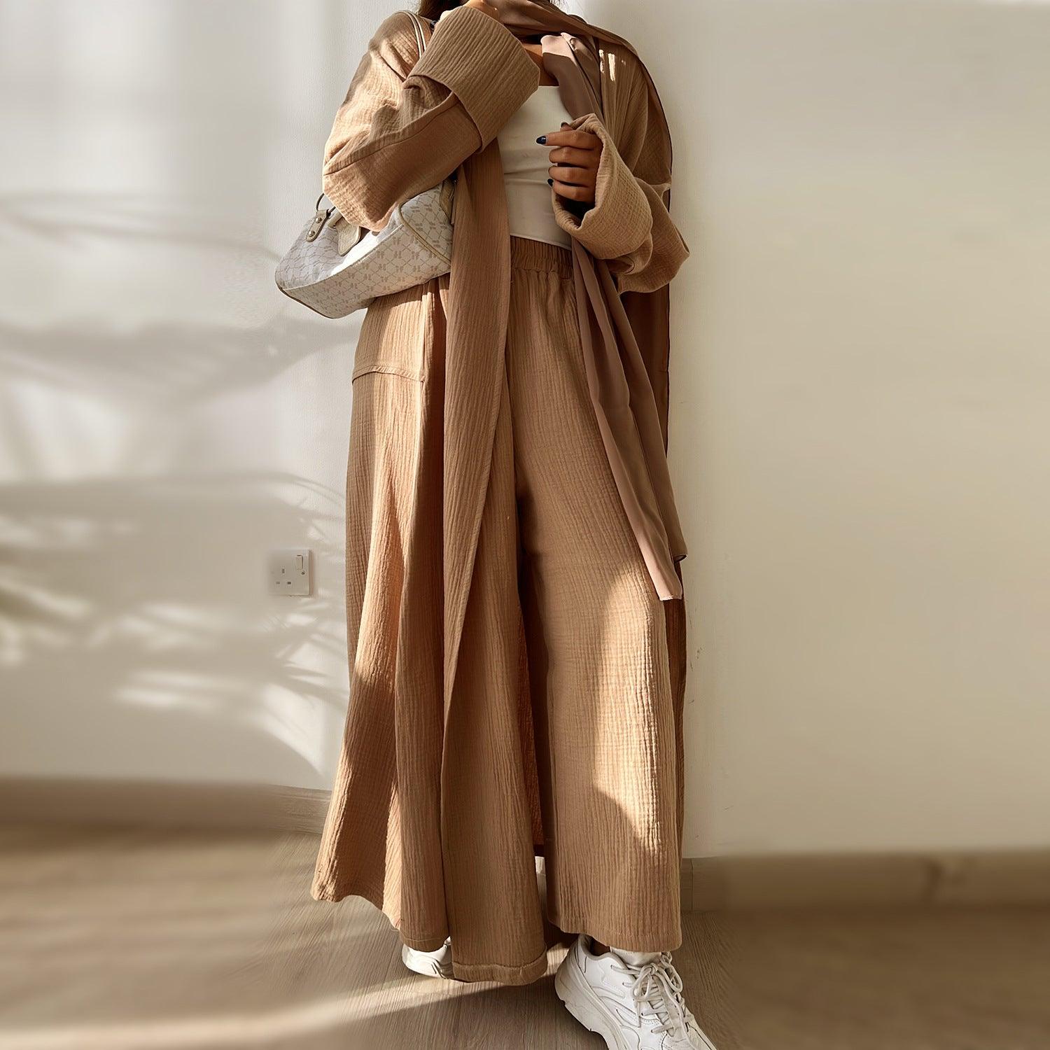 MOA064 Casual Open Abaya With Loose Pants 2 - Piece Set - Mariam's Collection