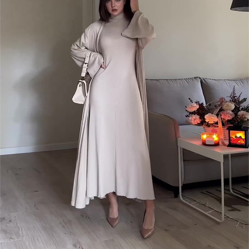 High Neck Casual Slim Shawl Abaya 2-Piece Set (MOA091) White / L