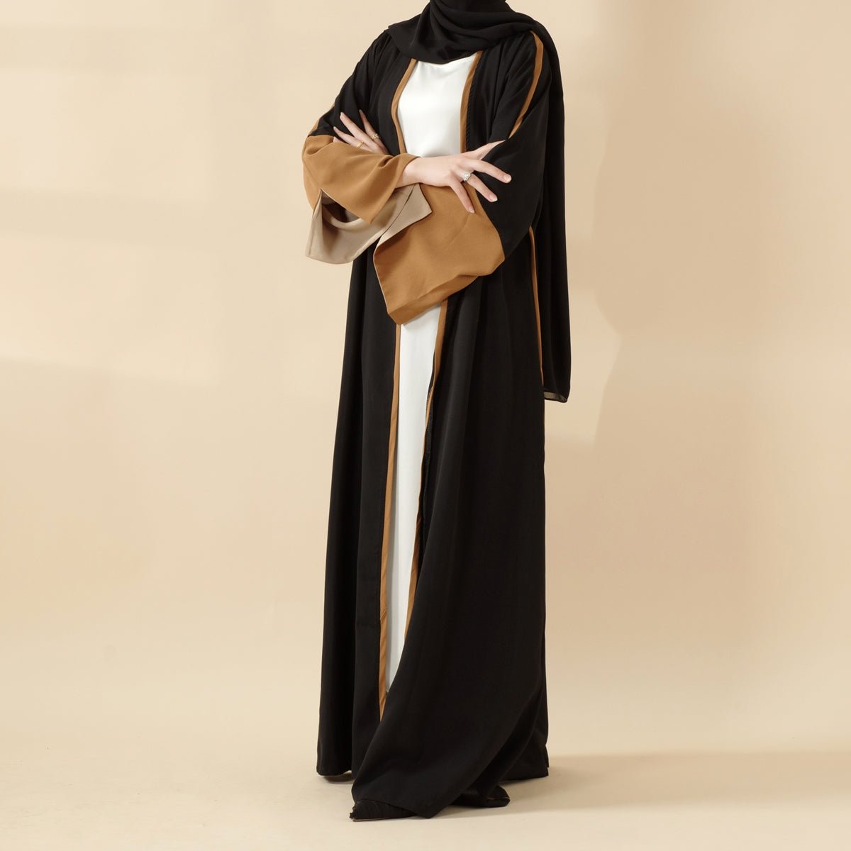 Modern Contrast - Trim Slit Sleeves Open Abaya (MOA129) - Mariam's Collection