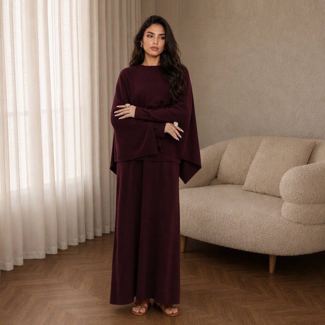 Modest Cape Knit Top & Maxi Skirt Set(MS537) - Mariam's Collection