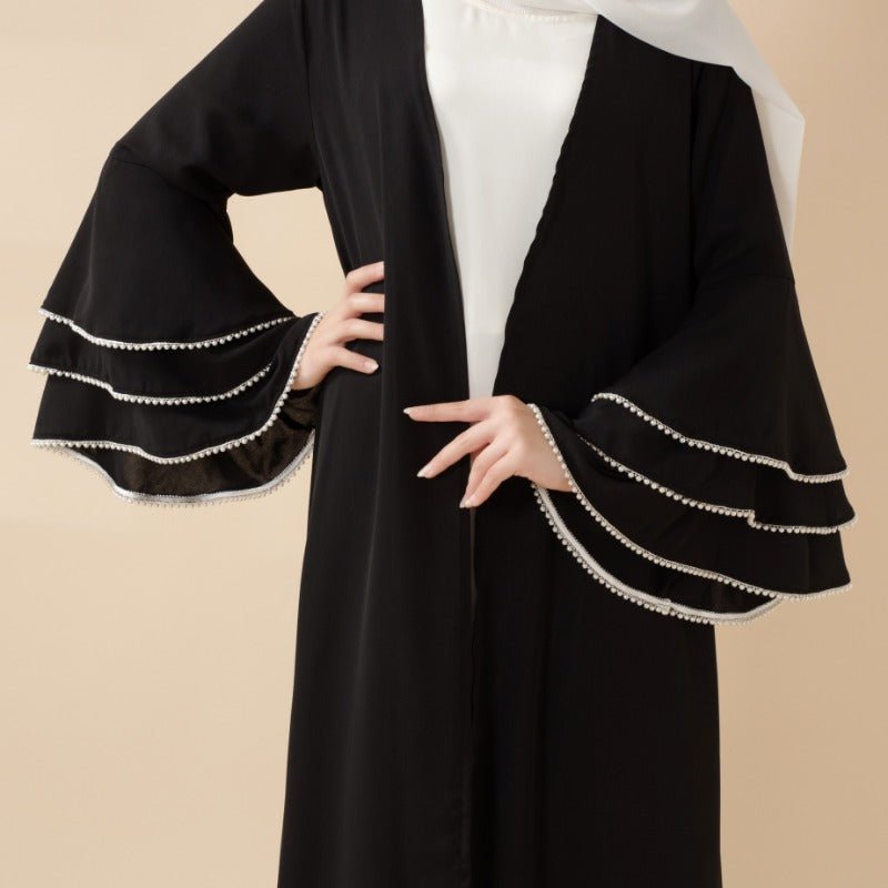 Modest Cardigan Black Robe Beaded Cuff Abaya with Layered Sleeves Elegant Design.(MOA136) - Mariam's Collection
