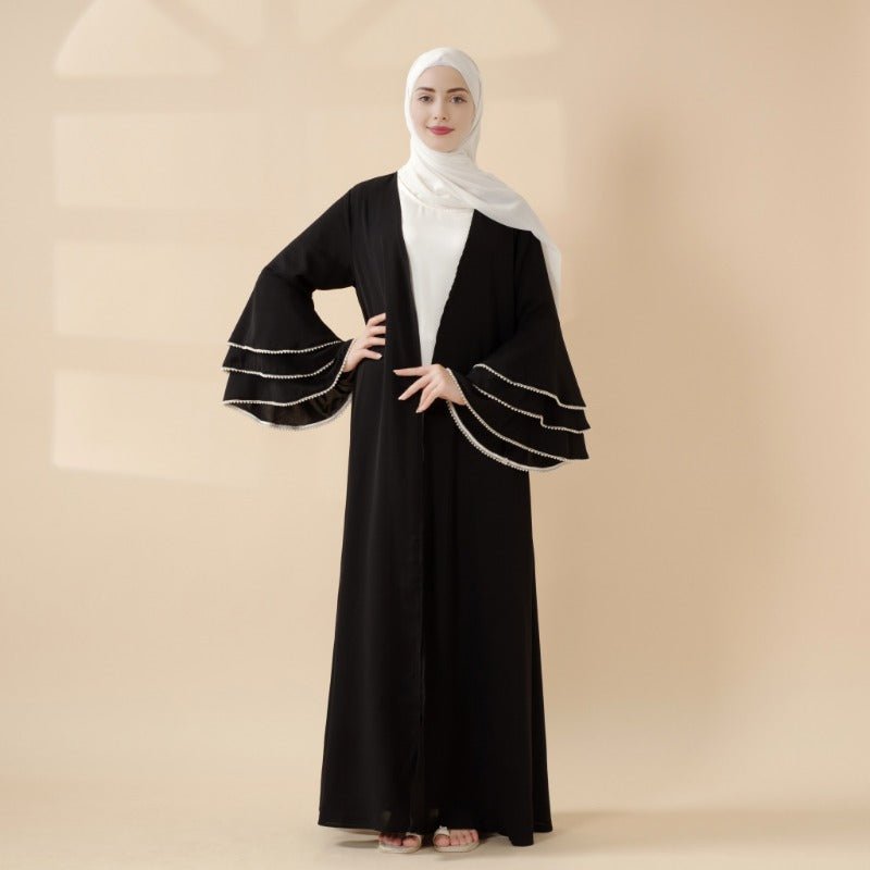 Modest Cardigan Black Robe Beaded Cuff Abaya with Layered Sleeves Elegant Design.(MOA136) - Mariam's Collection