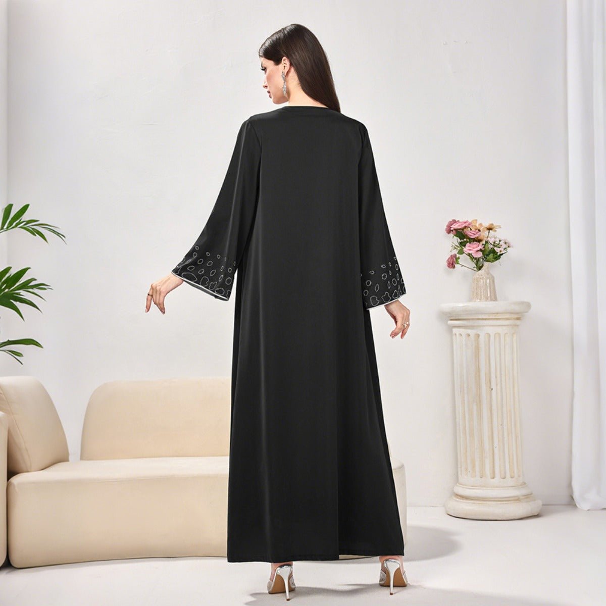 Modest Casual Black Diamond Embellished Loose Dress Abaya(MOA207) - Mariam's Collection