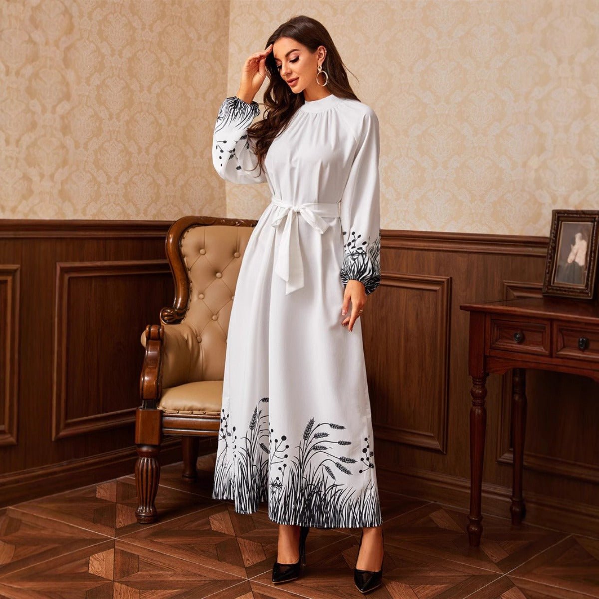 Modest Elegant Botanical Print Maxi Dress | White Crew Neck Long Sleeve Dress(MA267) - Mariam's Collection